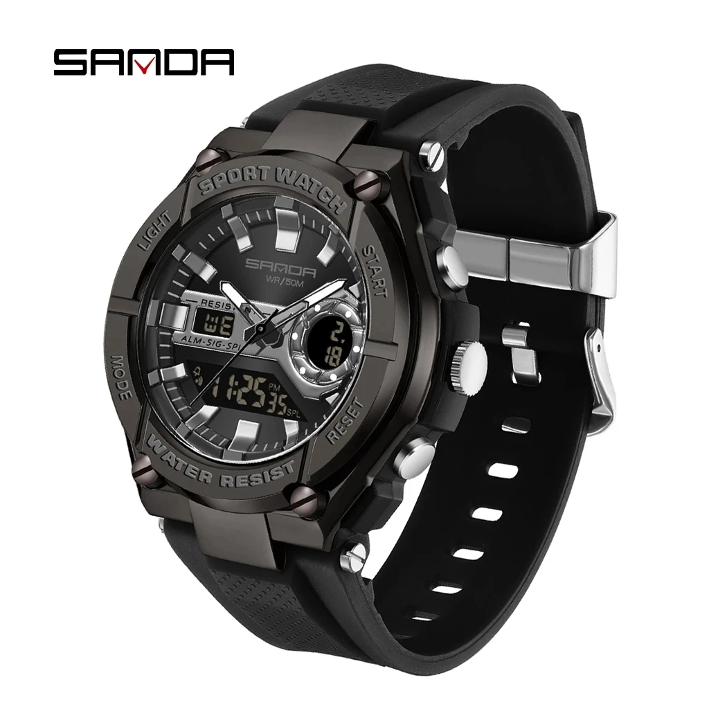 

SANDA Sports Dual Display Watch For Men LED Digital Quartz Waterproof Watches Men's Stopwatches Student Clock Youth Wristwatches