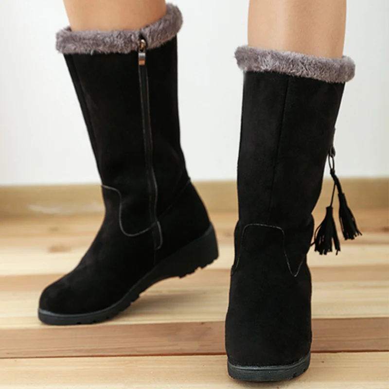 High Boots Women Warm Plush Suede Ladies Long Boots Comfortable Winter Female Wedge Cotton Shoes Mid-calf Fur Zapatos Mujer 2022