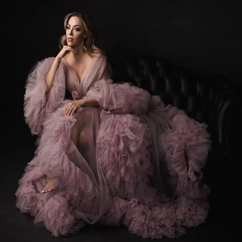 

Fluffy Tulle Maternity Dress Puffy Pregnant Gowns See Through Photography Women Prom Robes