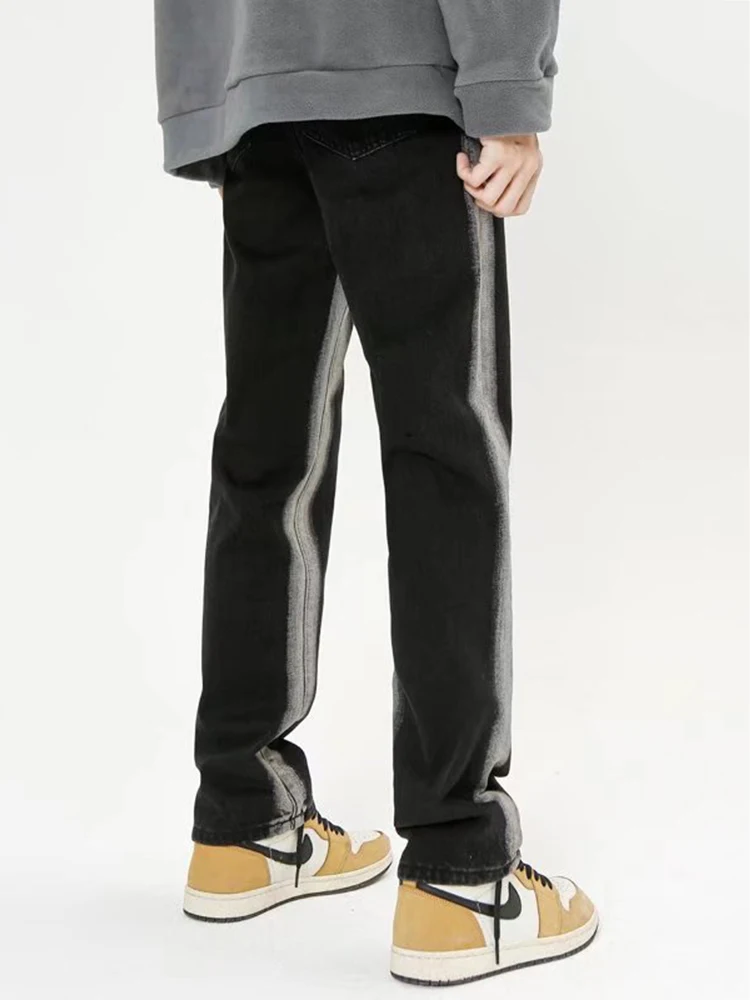 Men Fashion Street Clothing Retro Gothic Striped Jeans Loose Casual Wide -legged Denim Cloth Straight Rail Pants Hip -hop Jeans