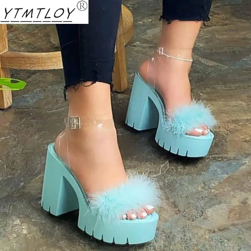 

Fashion Feather High-heeled Thick-soled Non-slip Sandals Summer Transparent Buckle Female Pu High-heeled Shoes Zapatos De Mujer