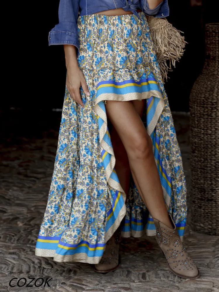 

Summer Loose Print Pleate Midi Skirt Women Beach Casual Office Ladies Skirt 2023