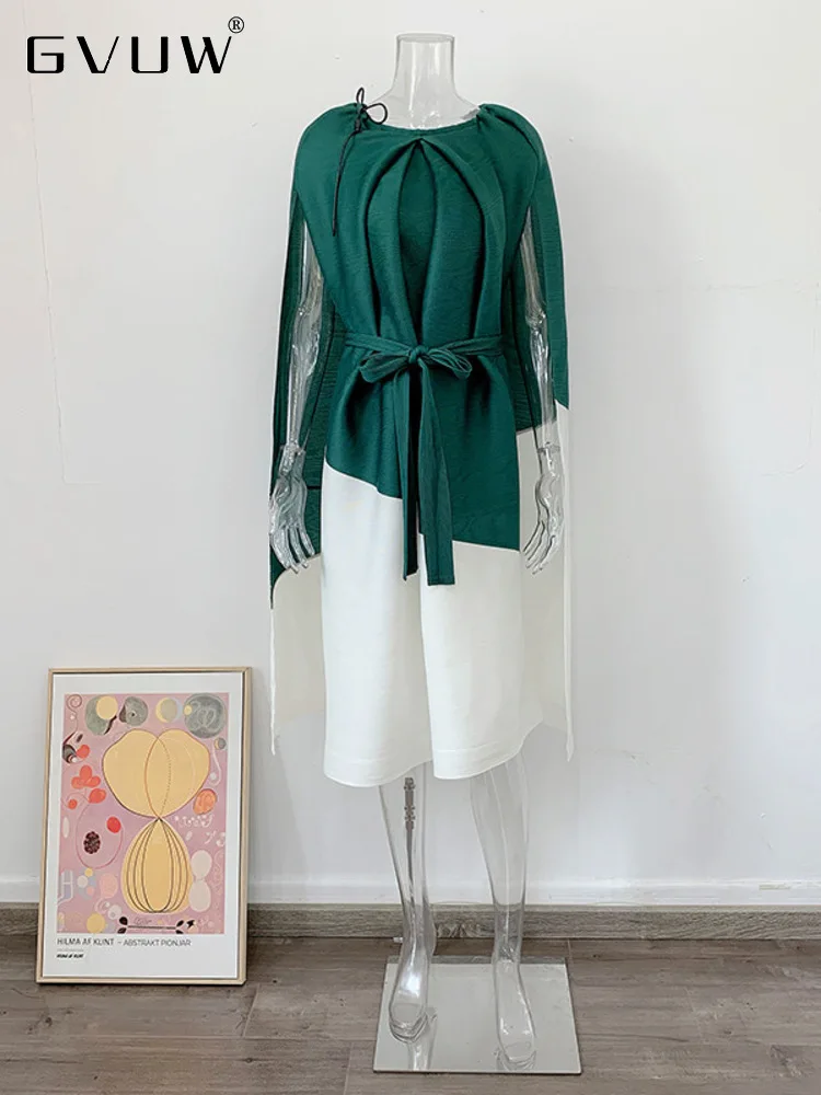 

GVUW Pleated Cloak Long Dress For Women Color Block O-neck Short Sleeve Loose 2023 Autumn Female Fashion Lave-up Clothes 17G1901