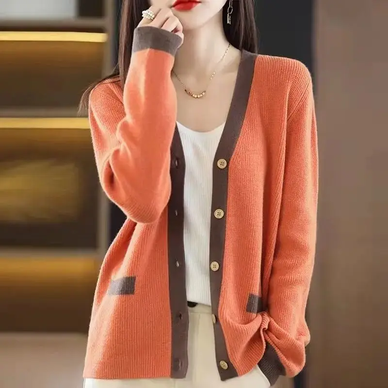 

2022 Knitted Spring Autumn Solid V-Neck Women Casual Patchwork Cardigan Sweater Single Breasted Loose Cardigan Fashion Top D114
