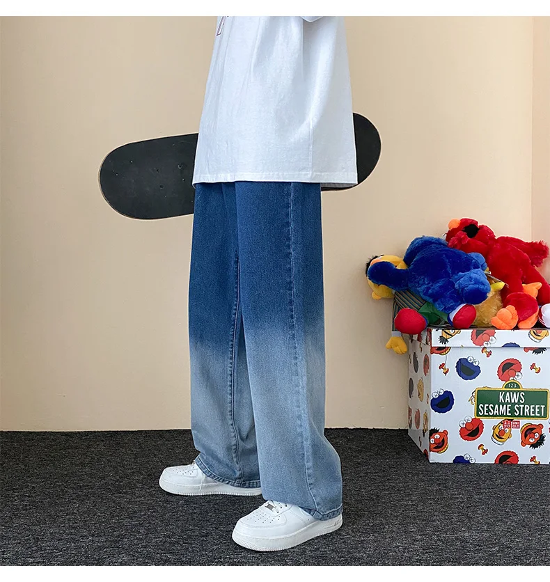 New Men's Jeans Korean Version of The Trend Gradient Blue Loose Straight Denim Trousers Wide-leg Pants Fashion Casual Streetwear