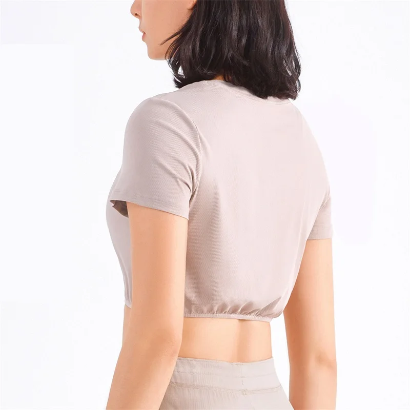 Solid Color Women Fitness crop Top Yoga Short Sleeve Ribbed Round neck Waistband T-shirt Slim Fit Elastic Sports Short Shirt Gym