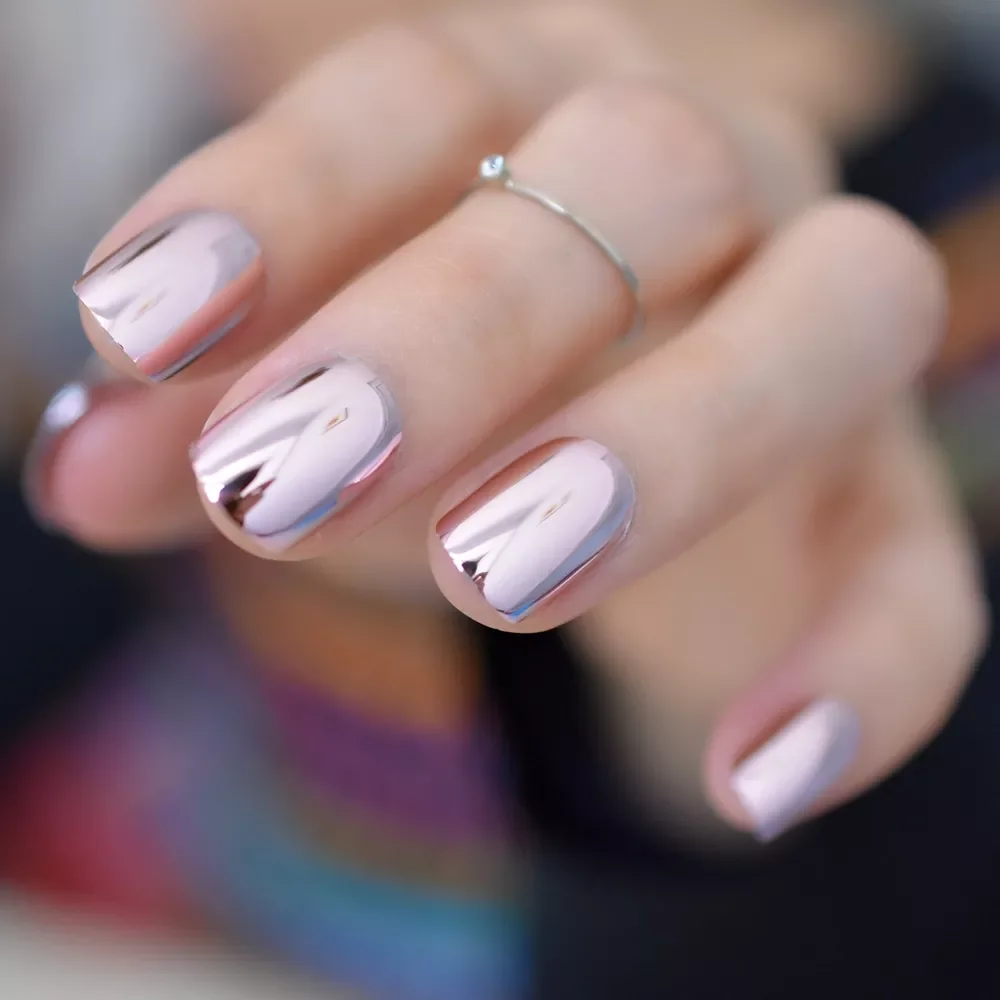 

Reflective Mirror Light Soft Pink Metal Plating False French Acrylic Nail Tips Metallic Square Fake Nails Without Nail Glue