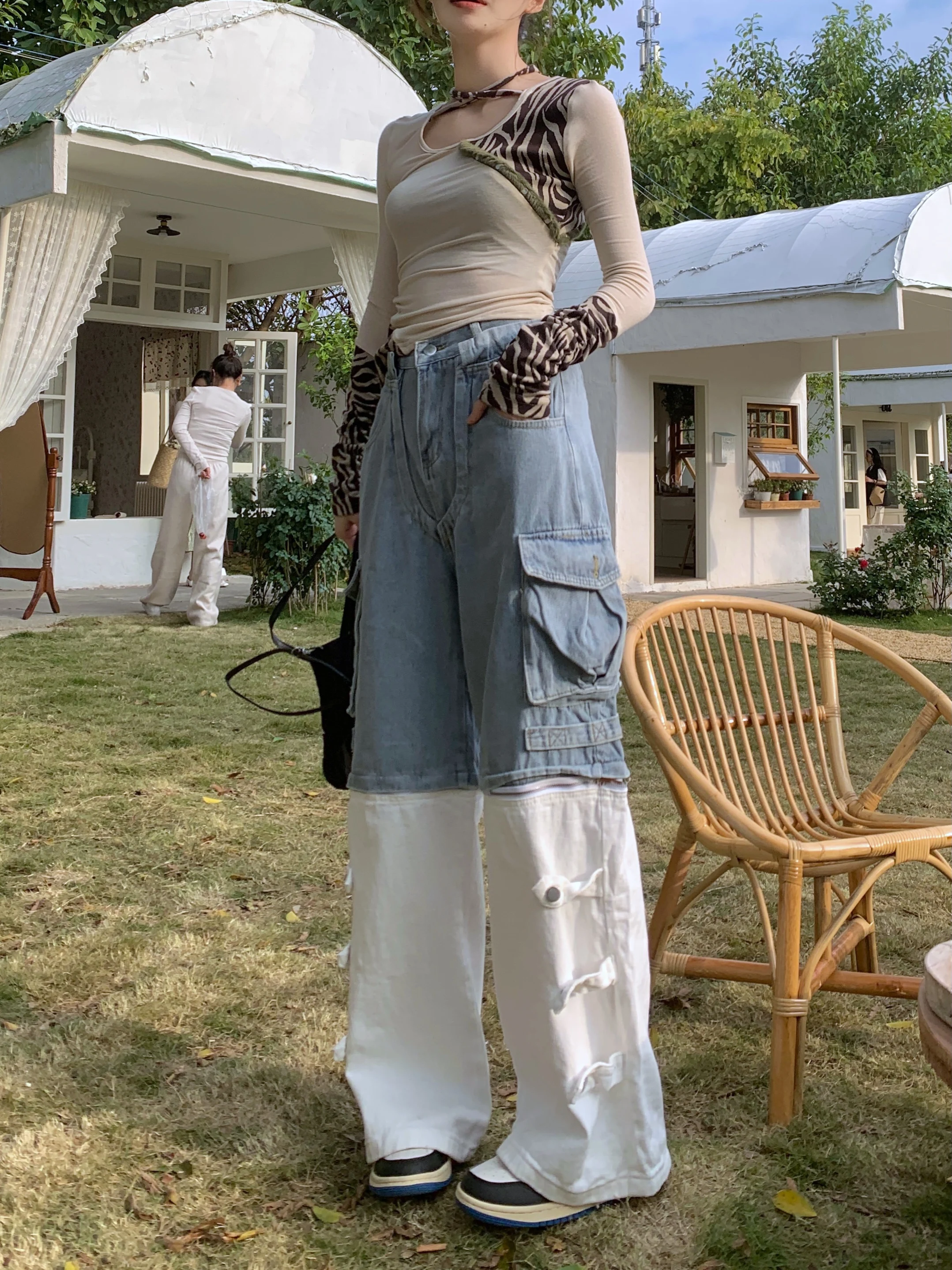 

Новинка 2023, уличная одежда, модные джинсовые брюки в Корейском стиле с пэчворком, винтажные женские брюки с широкими штанинами для женщин