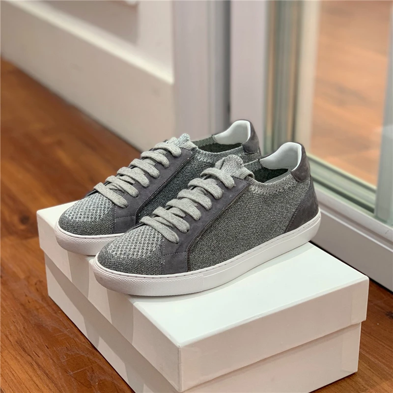 Spring and Autumn New Deerskin Knitted Mesh Breathable Casual Sneakers Lace up Walking Flat Shoes Women's Shoes luxury loafers