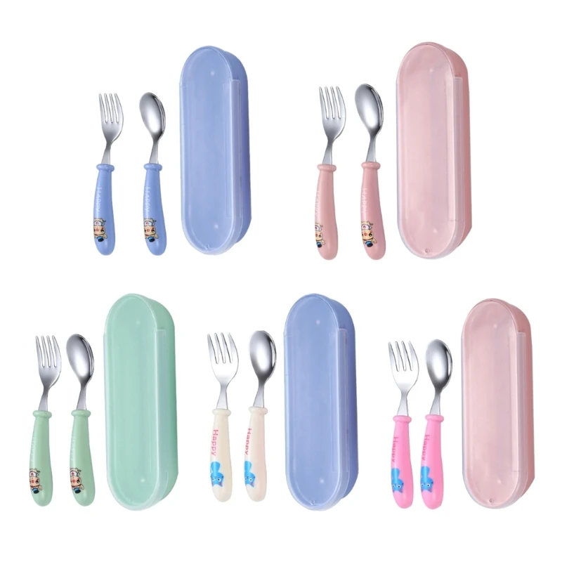 

Children Self Feeding Kitchen Utensil Toddler Cutlery Solid Food Spoon Fork Cartoon Handle Kids Eating Feeding Supplies