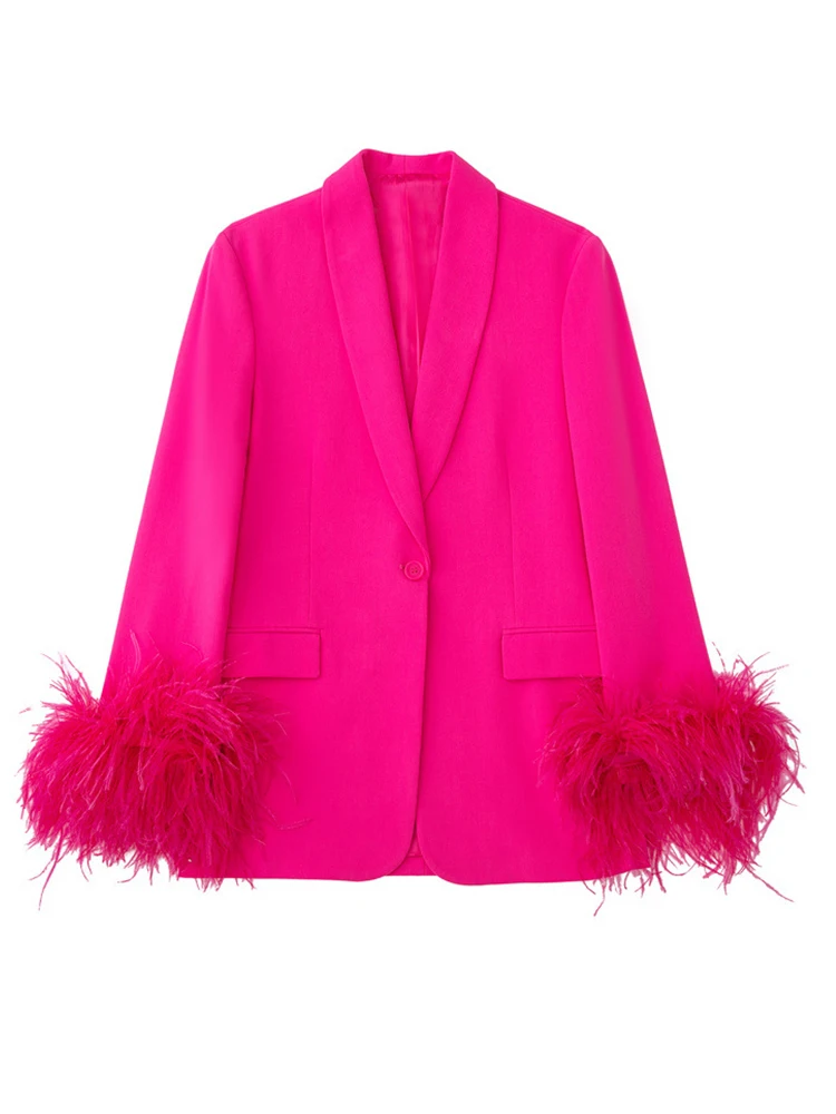 

Feather Blazer Set Women Elegant Long Sleeve Blouse and Trousers Set Double Layer High Quality Set Women Outfit 2022 Autumn