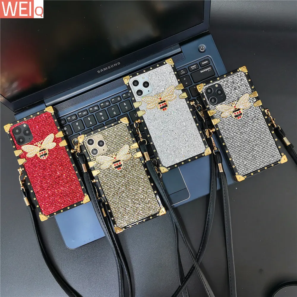 

Luxury Brand Glitter Bee Phone Cases Rope Lanyard Cover for iphone 14 PRO MAX 7 Plus 8 Square Case for iphone 11 12 13 XS X XR