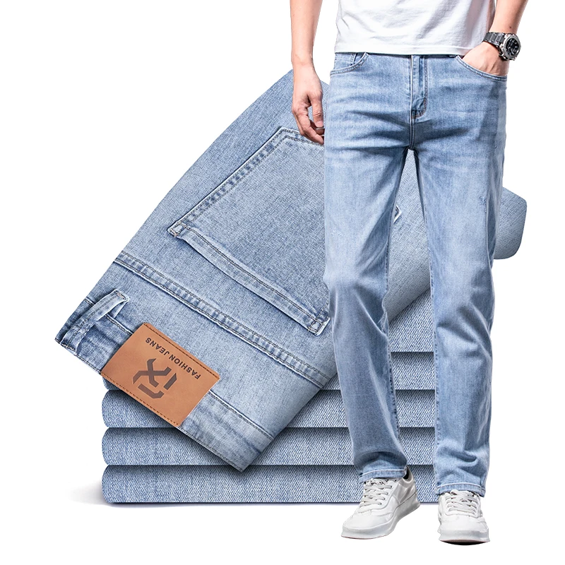 

Мужские классические джинсы, синие и серые эластичные джинсы, повседневные хлопковые брюки из денима в классическом стиле, 2023