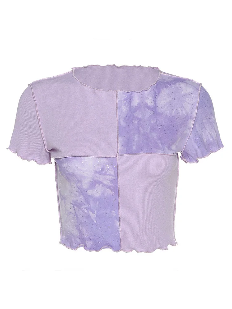 

JIERAN Chic Crop Tops Tees Tie Dye With Sequin Patchwork Women Summer T-shirts Ruffles Hem Purple Or Bule Clothes