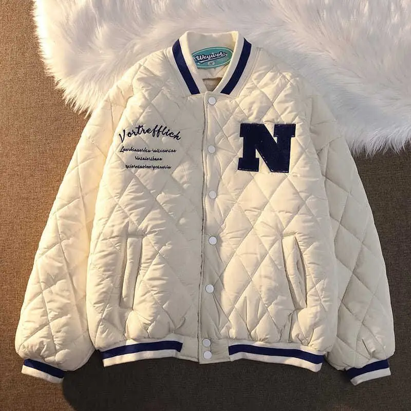 American retro big thick baseball uniform padded jacket for men women student winter new loose high street coat punk streetwear