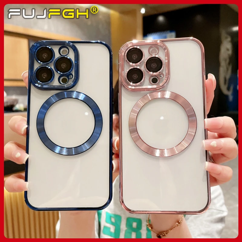 

Luxury Plating Clear For Magsafe Magnetic Wireless Charging Case For iPhone 13 12 11 Pro Max X Xs Max XR 7 8 Plus Glossy Cover