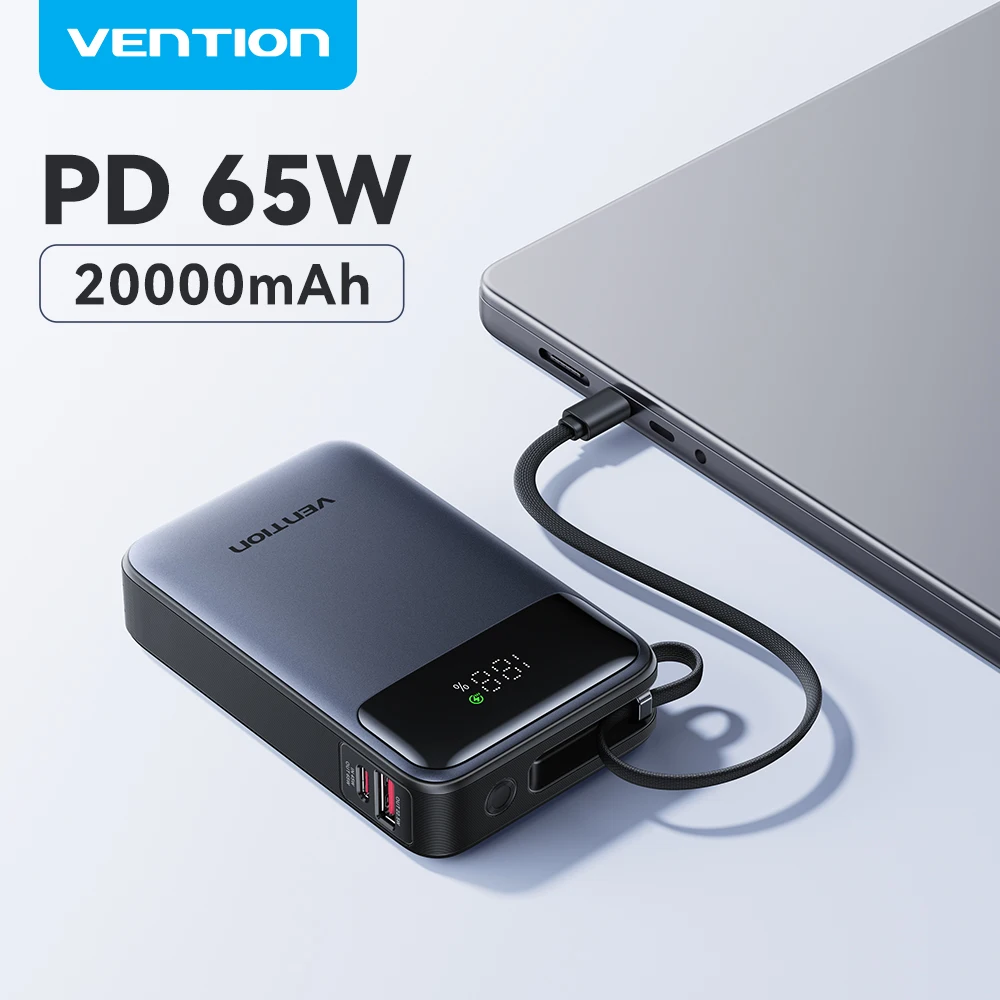 Фото Портативный внешний аккумулятор Vention 65 Вт, 20000 мАч, PD, быстрая зарядка со встроенным кабелем USB Type-C для ноутбуков iPhone 16 15 14 13 Pro Max №1
