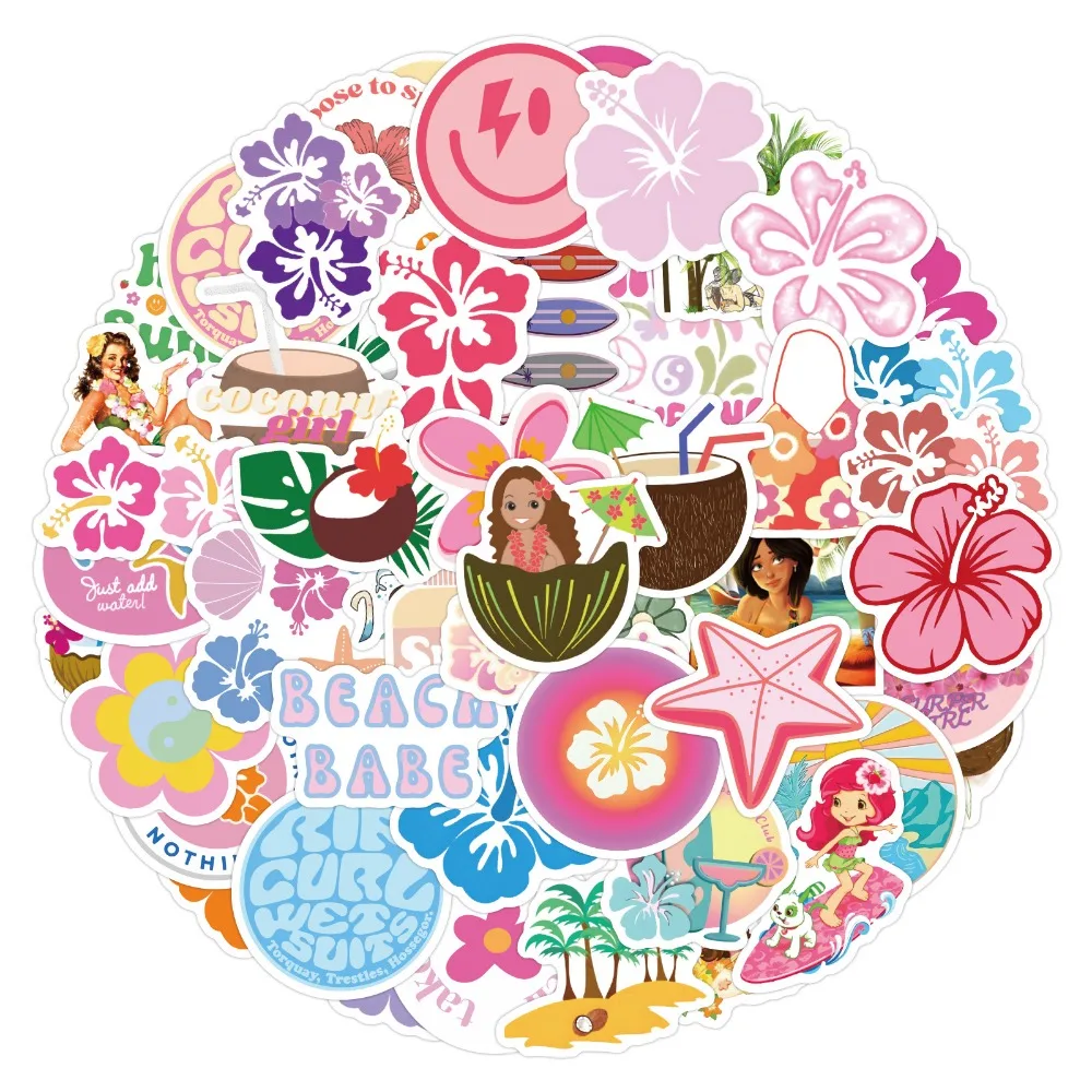 

10/60Pcs Summer Coconut Tree Hibiscus Flower Girl Graffiti Sticker Vinyl Decals for Laptop Guitar Suitcase Skateboard Kids Gift
