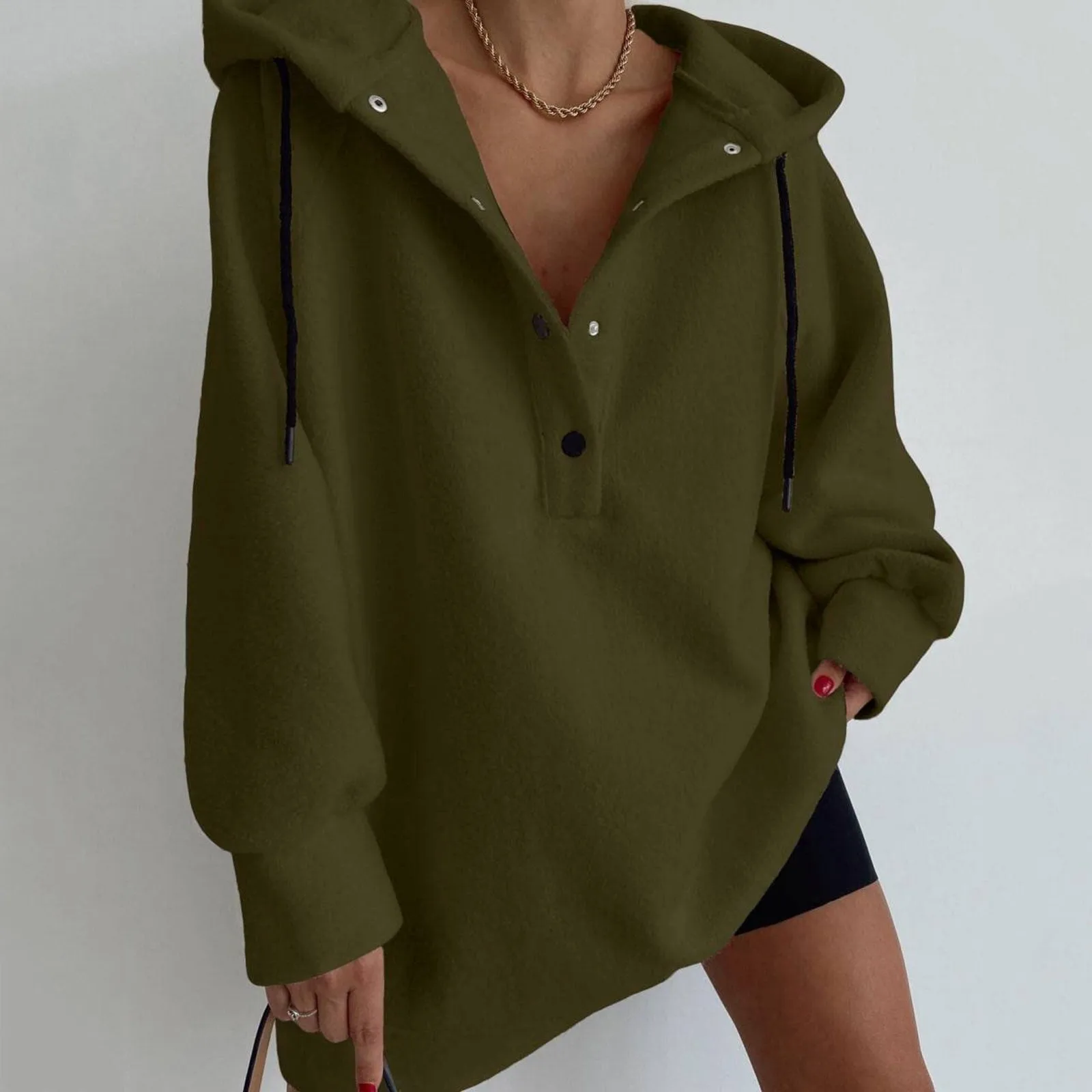 

Women'S Vintage Sweetshirts Long Sleeve Oversize Hooded Sweatshirt Solid Color Button Polo Hoodie Streetwear Female Long Tunic