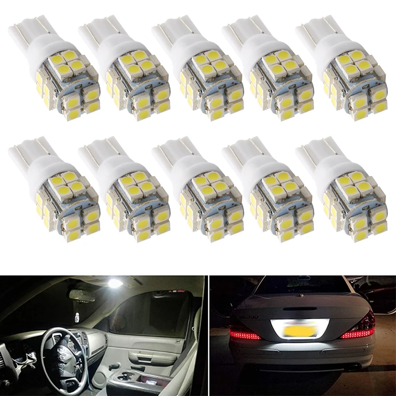 

10 PCS Car LED Bulb T10 W5W Wedge Side Signal Light 12V 7000K Super Bright 2835 20SMD Auto Interior Dome Reading Trunk Lamps