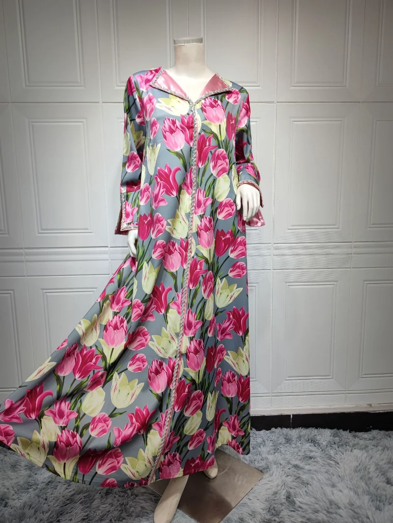 Eid Ramadan Jilbab Muslim Abayas For Women 2023 New Boho Retro Printed Maxi Dress Long Sleeve Summer Kimono Arab Dresses