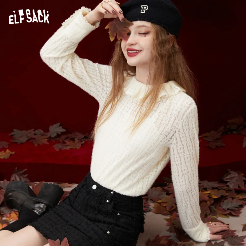 ELFSACK White Ruffled Collar Lace Sweater Women 2022 Autumn/Winter Short Basic Daily Tops