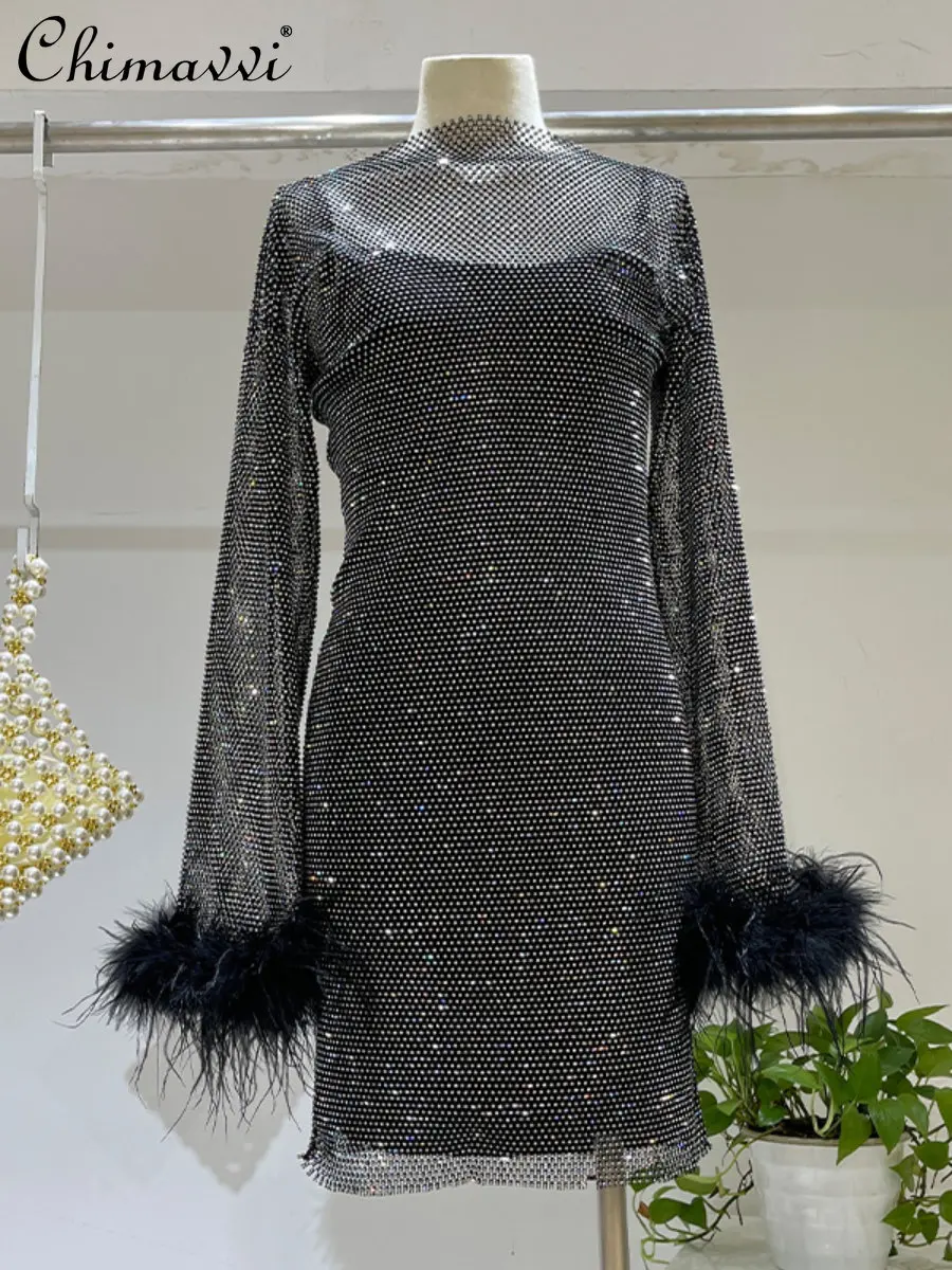 

Fashion European Station Luxury See-through Hollow Mesh Ostrich Feather Dress Slim Round Neck Bottoming Shirt Full Diamond Dress