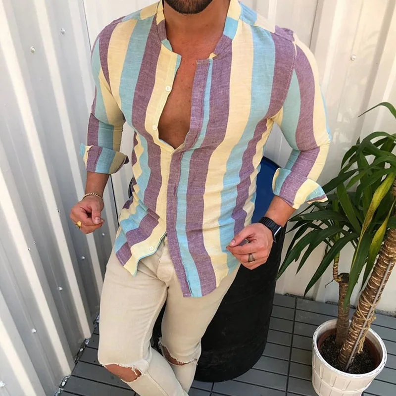 

2022 Men's Fashion Colorful Stripe Shirts Printed Casual Slim Fit Long Sleeve Stand Collar Vacation Male Social Business Tops