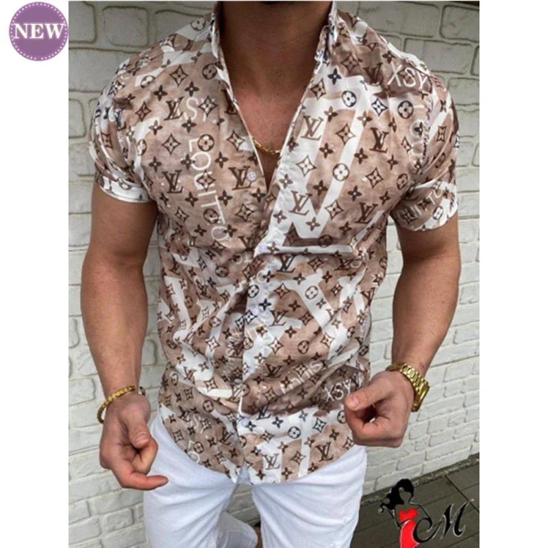 

New Men's Casual Trend Slim Shirt Slim Fit Fashion Print Cardigan Short Sleeves