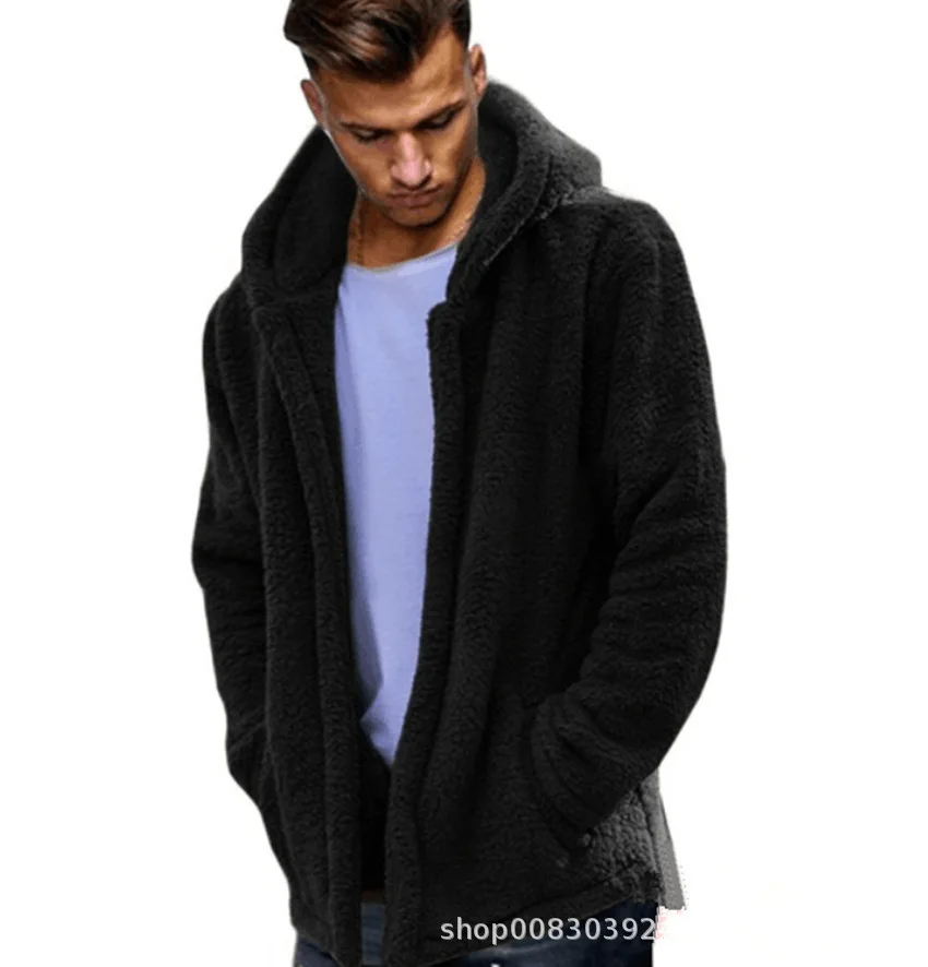 2022 Foreign Trade Men's Autumn and Winter Leisure Solid Color Hooded Jacket European Plush Coat Warm Jackets for Men
