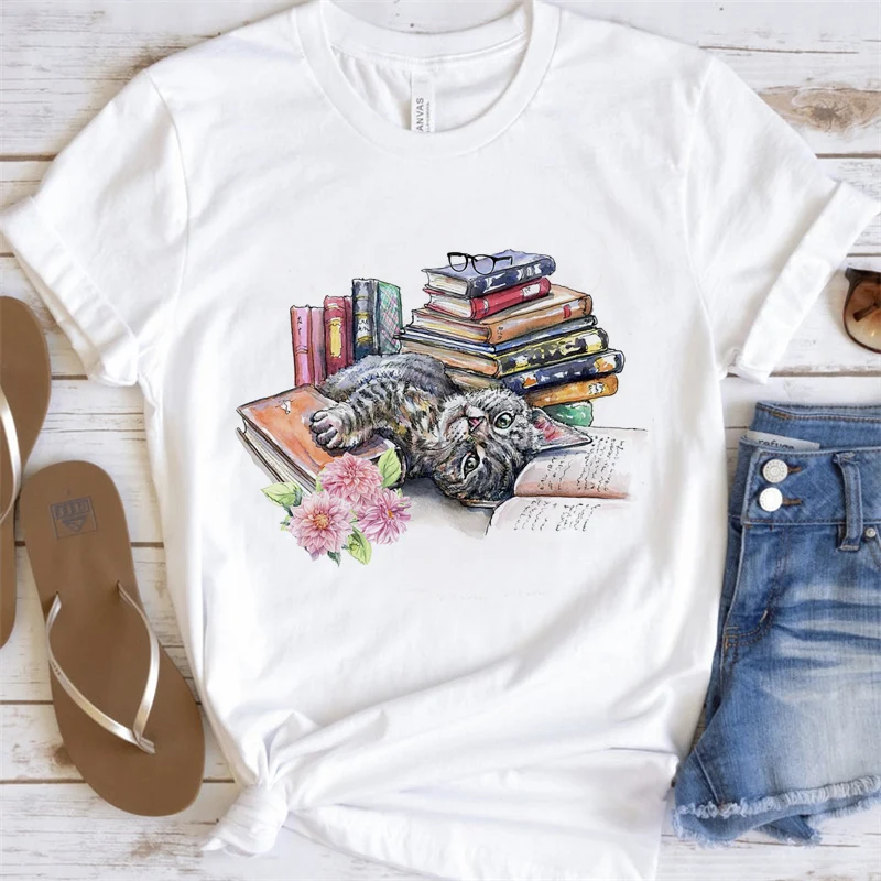

Women Short Sleeve Cats Animal Books Cute Clothes Print Tops Fashion Lady Tees Female O-neck Summer Tshirt Graphic T-Shirt