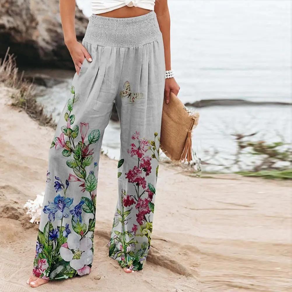 

Trendy Colorful Flower Print Lady Pants Trousers Lightweight High Waist