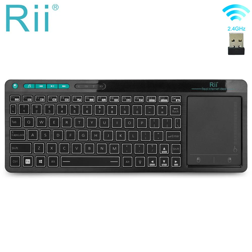 Rii-teclado Multimedia Inalámbrico K18 +, teclado ruso/inglés/francés/hebreo con pantalla táctil, retroiluminado de 3 LED a Color para TV Box,PC