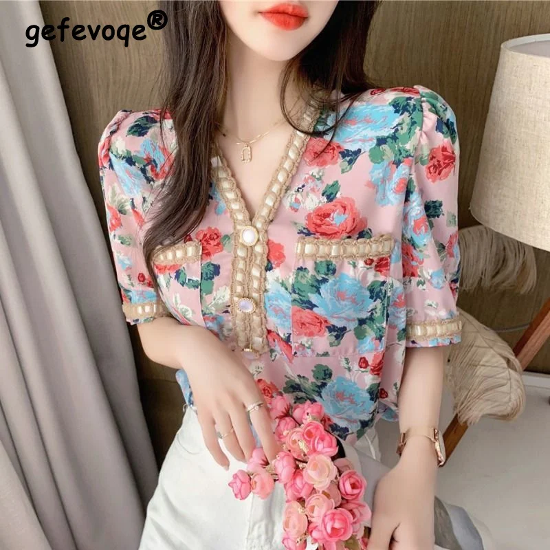2022 Summer Fashion Women's Casual Short Sleeve Sweet Chic Chiffon Shirt V-neck Floral Printed Pockets Loose Blouses Ladies Tops