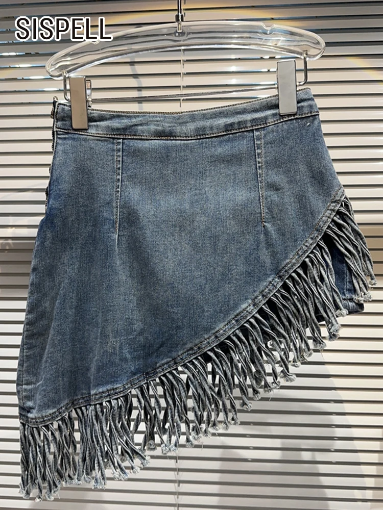 

SISPELL Irregular Hem Demin Skirts For Women High Waist Patchwork Tassel Solid Mini Bodycon Skirt Female Summer 2023 Clothing
