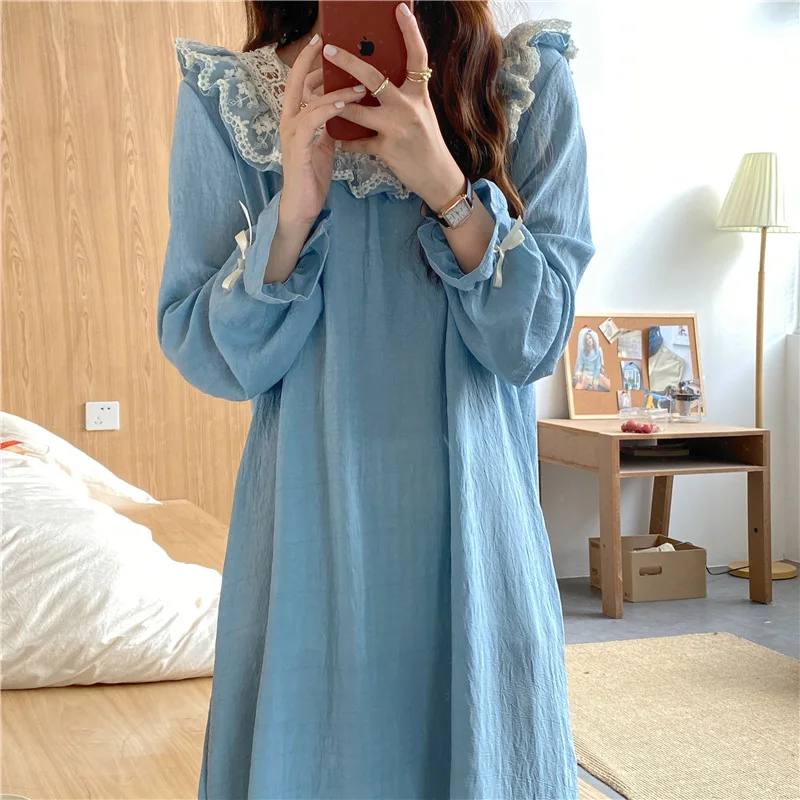 Qweek Women's Sleepwear Cotton Spring Nightgown Cute Bow Ruffles Princess Style Nighty for Ladies Sleepshirts Summer Mid Calf