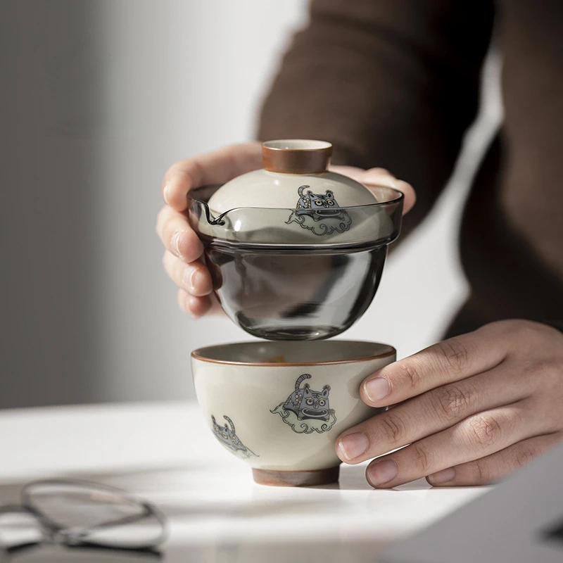 

Быстрая чашка Gaiwan, офисный чайный набор, дорожный чайный набор с пандой, керамическая чайная чашка, стеклянный чайник, чайная чашка, уличный ...