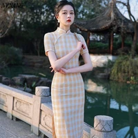 nvnang chinese cheongsam checkered cheongsam young lady style retro republic style modified cheongsam dress