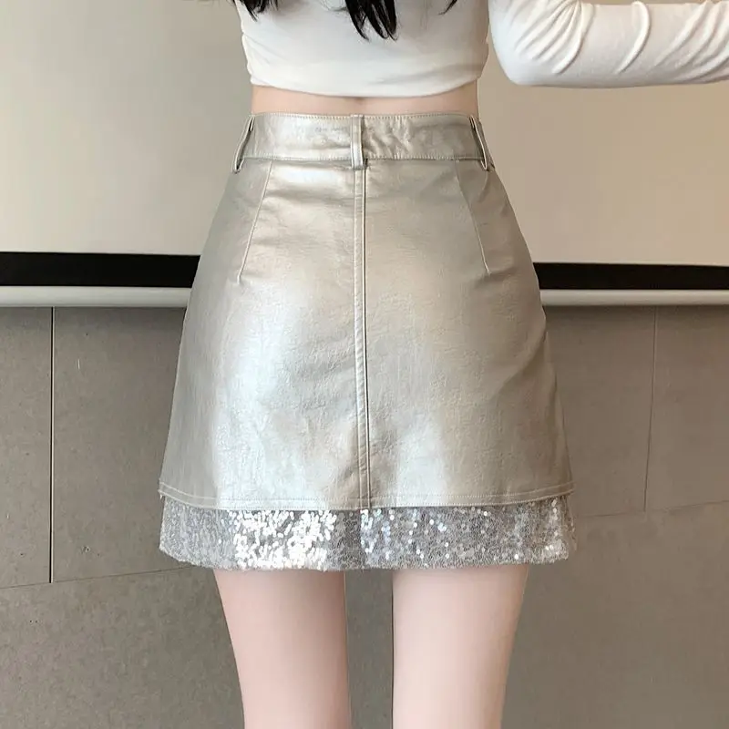 2024 женская модная мини-юбка с передними карманами и блестками винтажная
