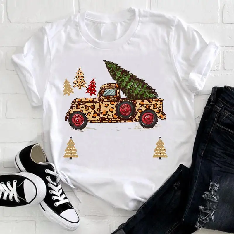 

Women Merry Christmas Plaid Truck Tree Holiday New Year T Tee Pretty Nice Print Tshirt Regular Top Cartoon Graphic T-shirt
