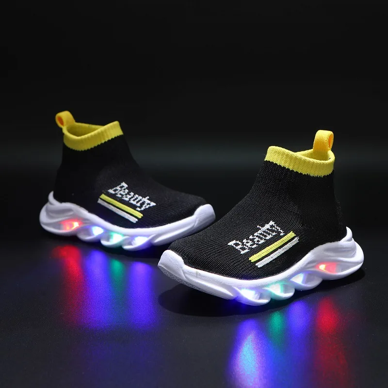 

2022 Toddler Baby LED Luminous Shoes Boys Girls Knitting Breathable shoes glowing letter Kids Casual Non-slip Children Sneakers