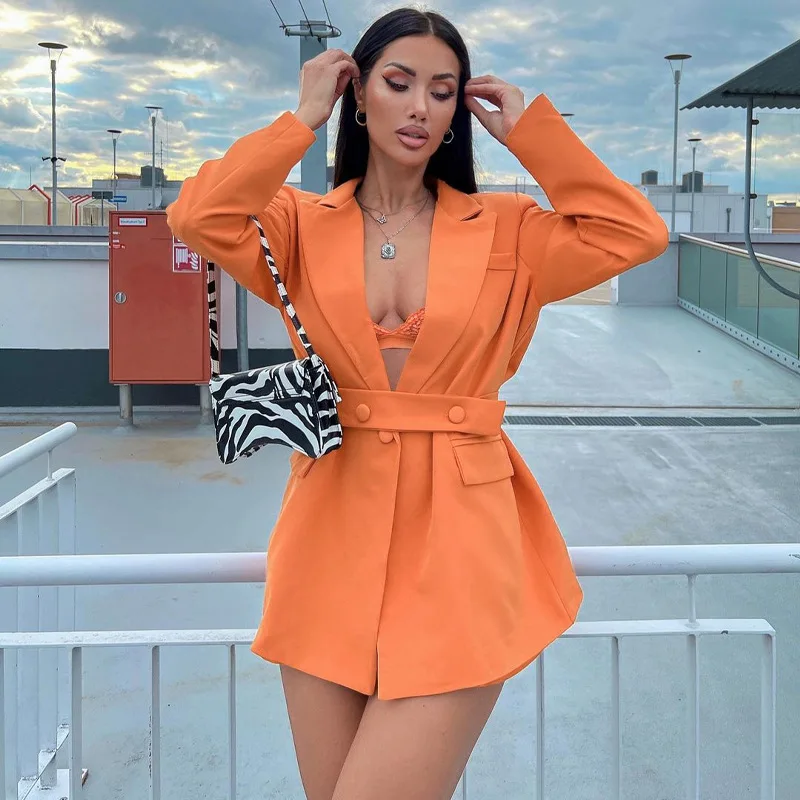 

Модный женский Блестящий однотонный облегающий офисный костюм с длинным рукавом, глубоким V-образным вырезом и лацканами, женская верхняя о...