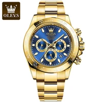 olevs top brand gold steel strap genuine watch fashion blue dial multifunctional three eyes men watch automatic mechanical watch