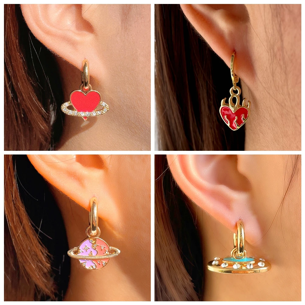 

JUST FEEL Korean Red Enamel Heart Crystal Hoop Earrings For Women Fashion Universe Planet Stainless Steel Earrings 2022 Jewelry