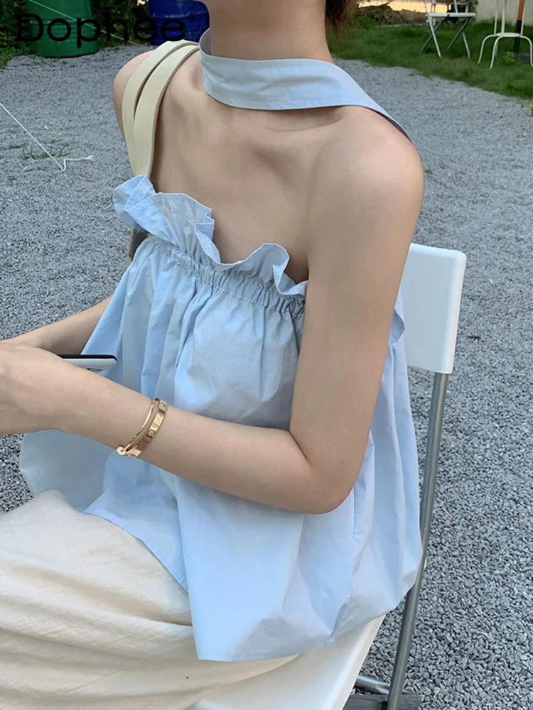 

Elegant Halter Straps Top for Women 2023 Summer New Fashion Slimming Sling Loose Short Sleeveless Camisole All-match Sext Vest