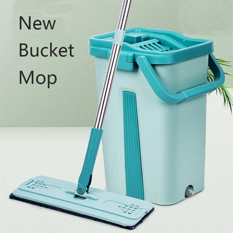 

Squeeze Mop with Bucket Flat Self-Wring Floor Mops Kitchen Home Cleaning Tools Microfiber Mop Pads Wet or Dry Usage