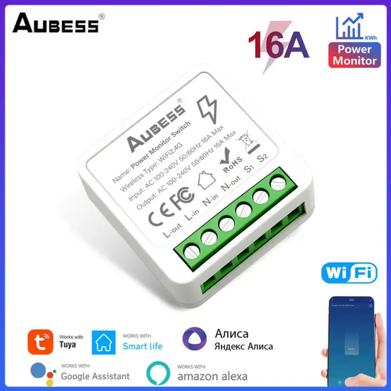 

AUBESS 16A MINI Wifi Smart Switch With Energy Monitor Voice Control Two Way Control Remote Control Works With Alexa Google Home