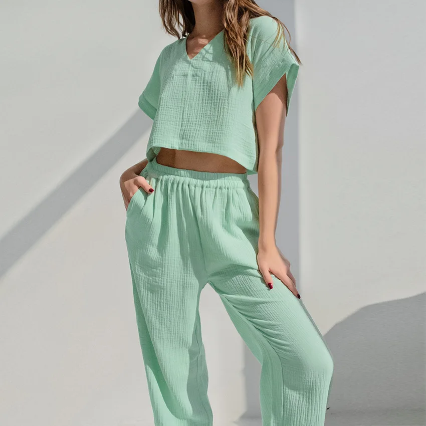 

Summer Simple Cotton Double-layer Wrinkled Cloth Short-sleeved V-neck Trousers Cotton and Linen Pajamas Women's Home Clothes