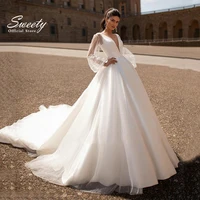 lace wedding dress satin cloth atmosphere simple v neck bridal dresses temperament long sleeve puff sleeve fluffy skirt