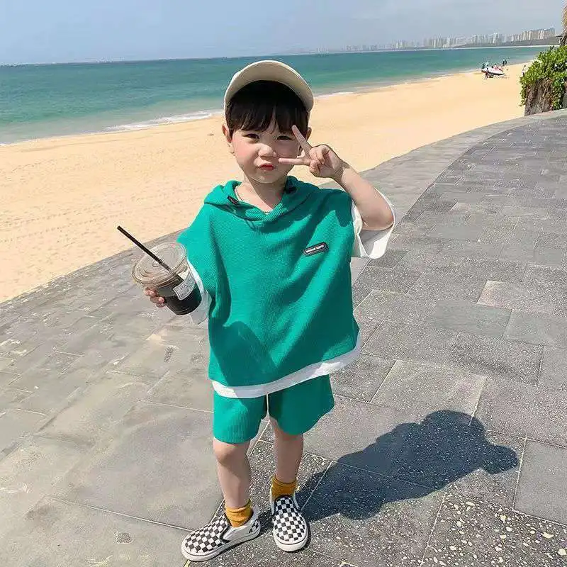 Children Clothing Sets Boys Clothes Short Sleeve Hooded Shirt+short Kid Clothes Fake 2Pcs Suit Cotton 2022Summer Baby Boy Outfit